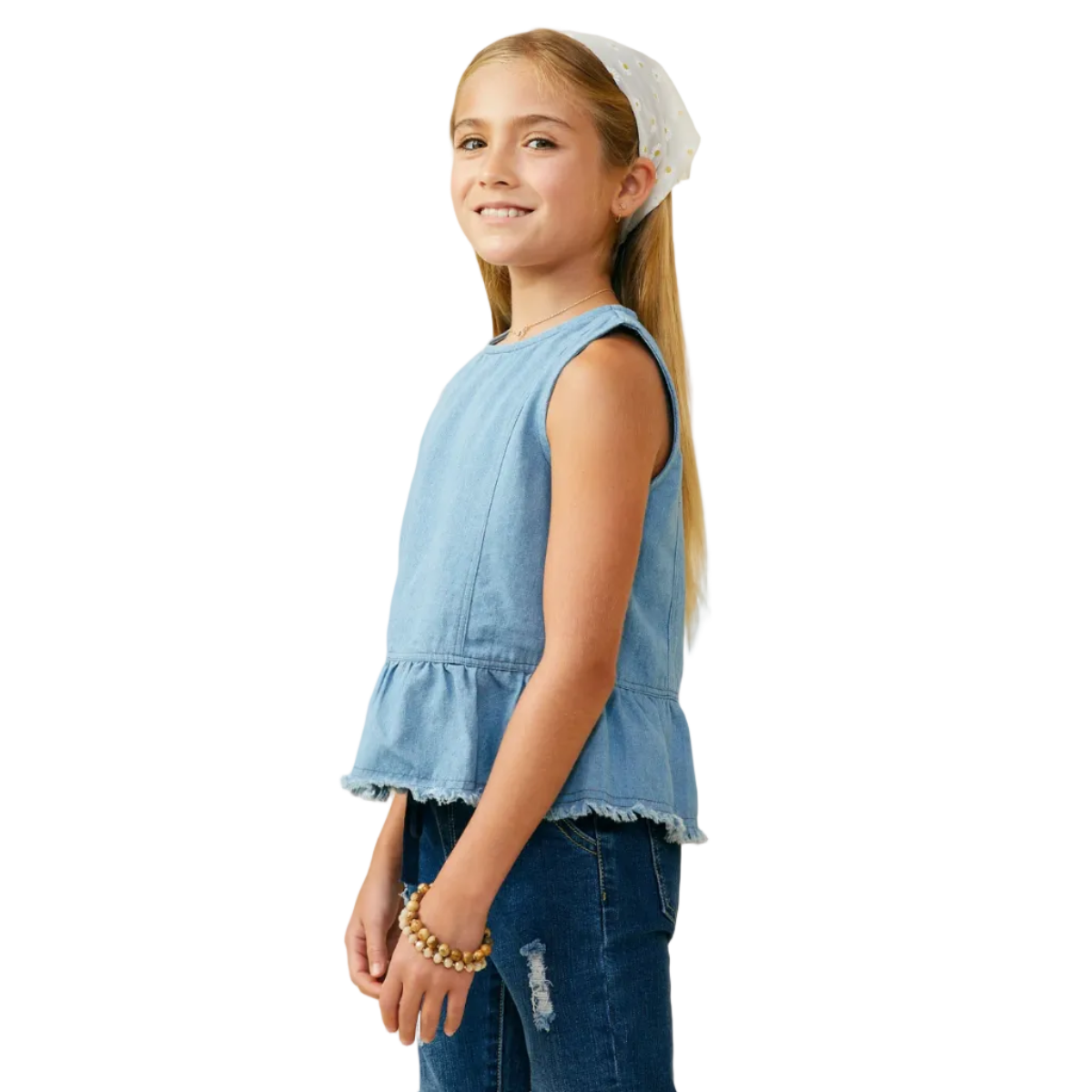 Buttoned Back Denim Peplum Tank