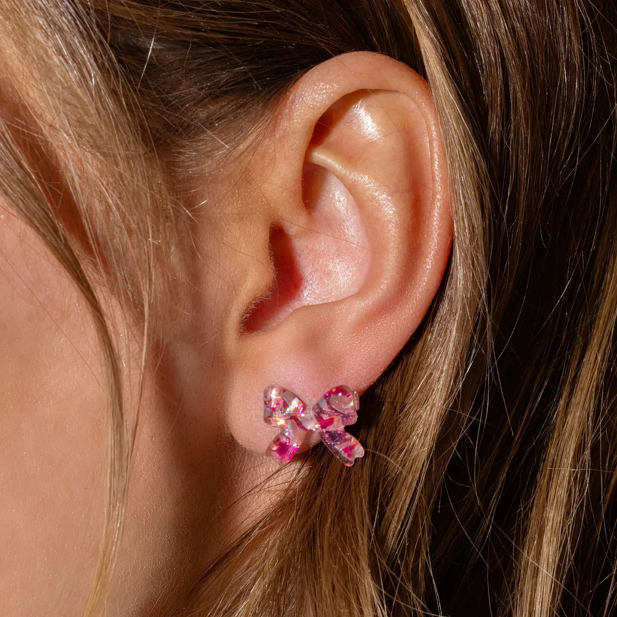 Stud Earrings  Acrylic Ribbon Bows - Pink Confetti