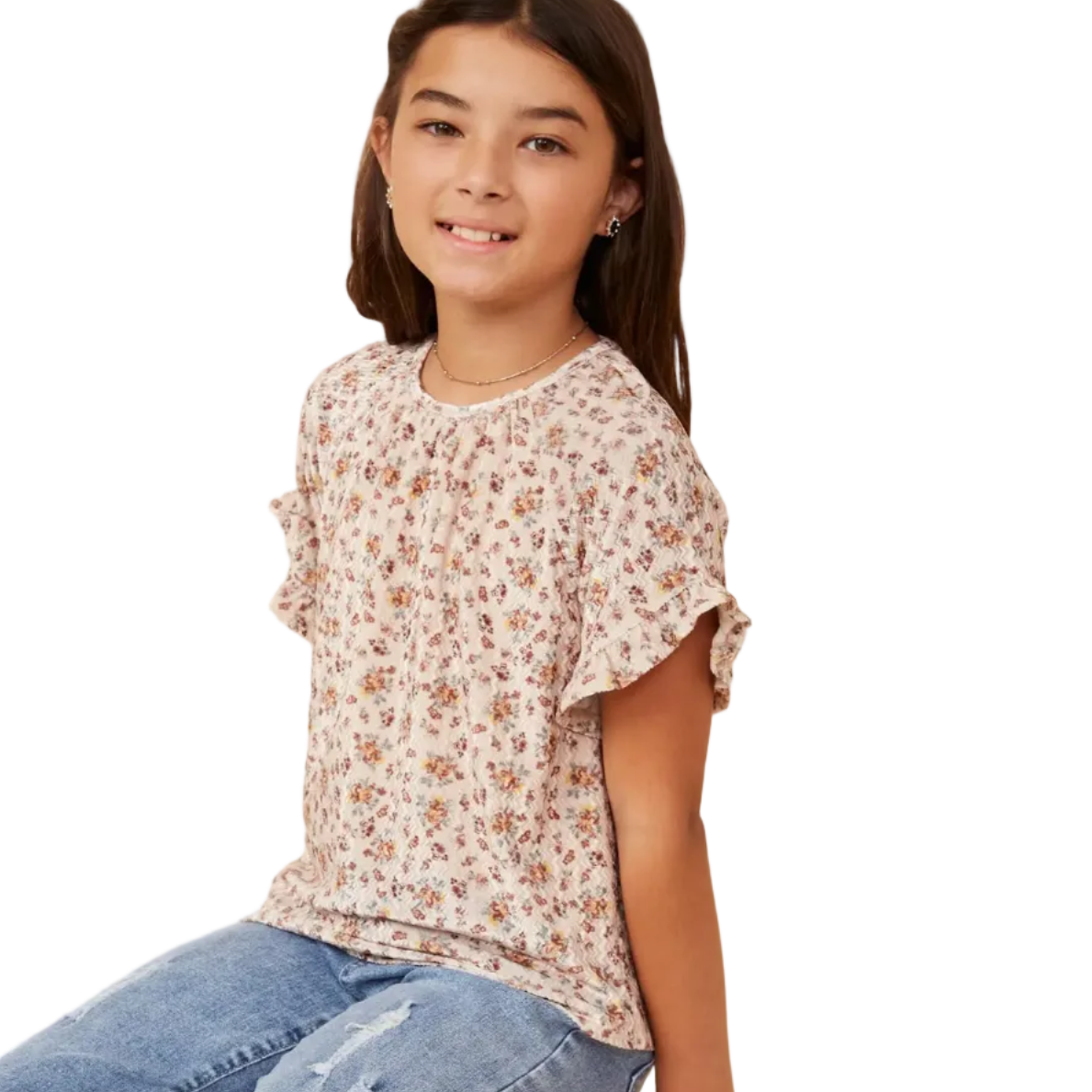 Floral Print Velvet Knit Ruffle Sleeve Top