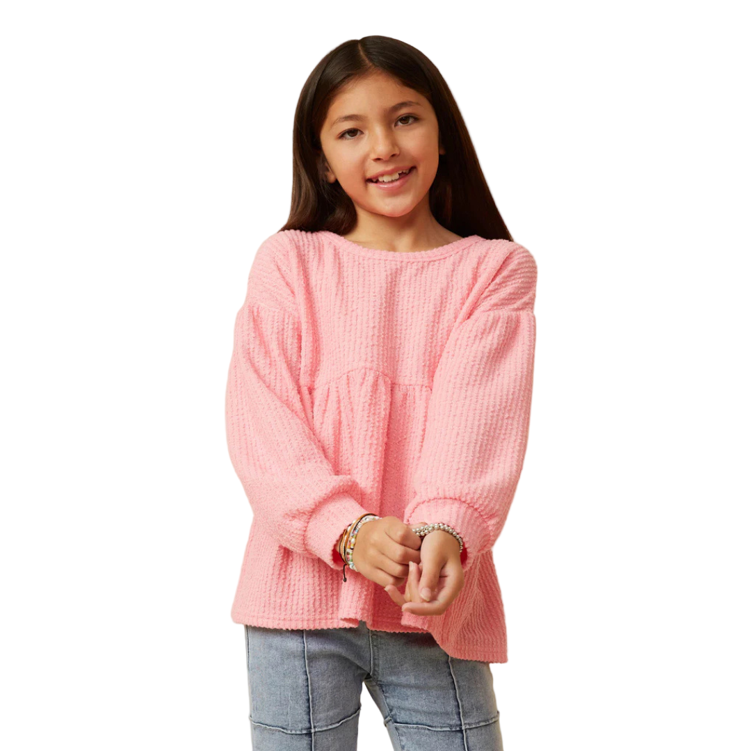 Textured Brushed Rib Puff Sleeve Peplum Knit Top