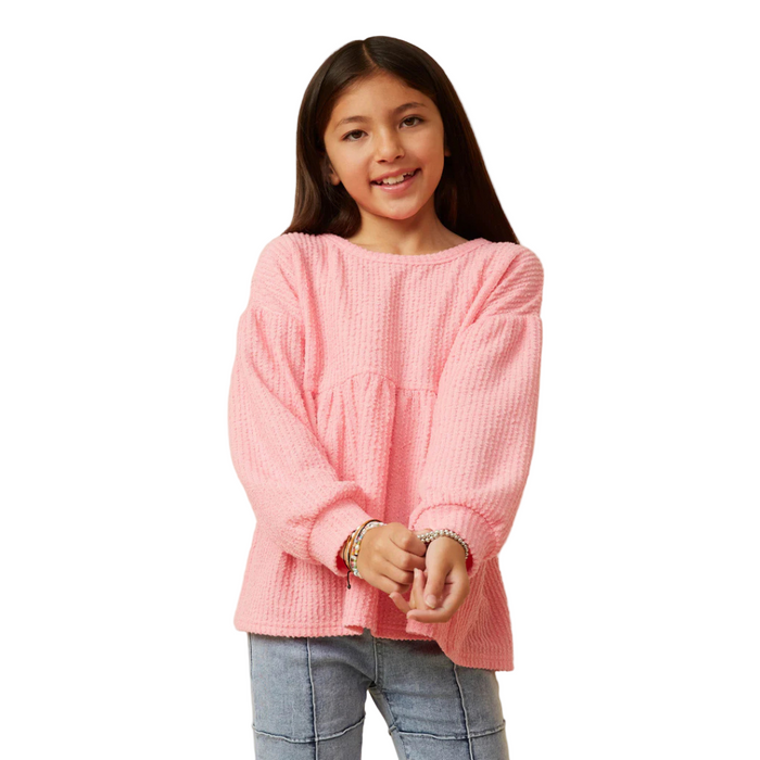 Textured Brushed Rib Puff Sleeve Peplum Knit Top