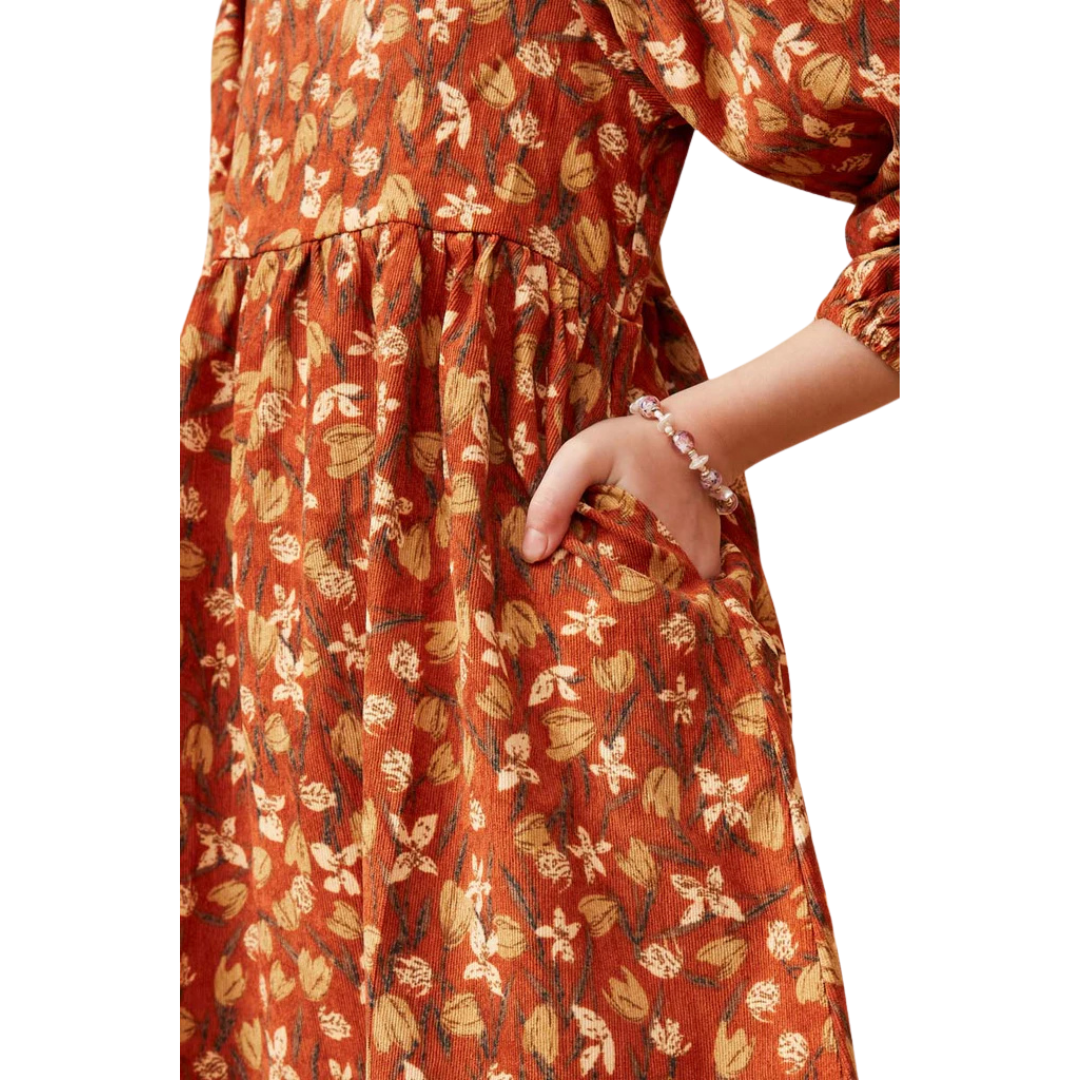 Floral Printed Corduroy Sleeve Dress
