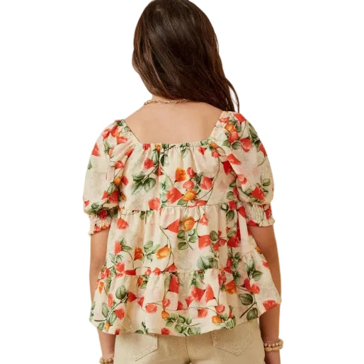 Floral Smocked Sleeve Peplum Top