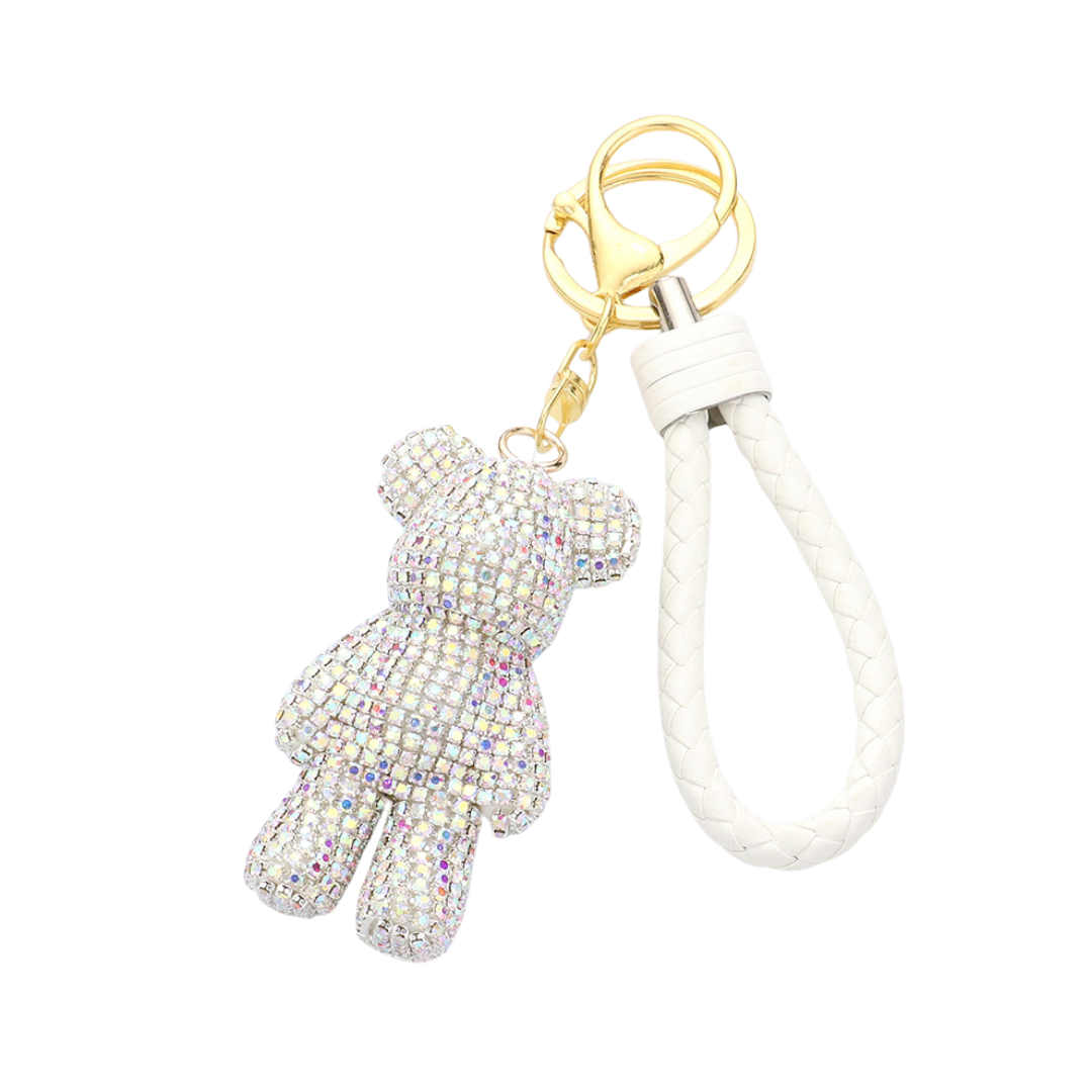 Bling Bear Figure Faux Leather Strap Keychain