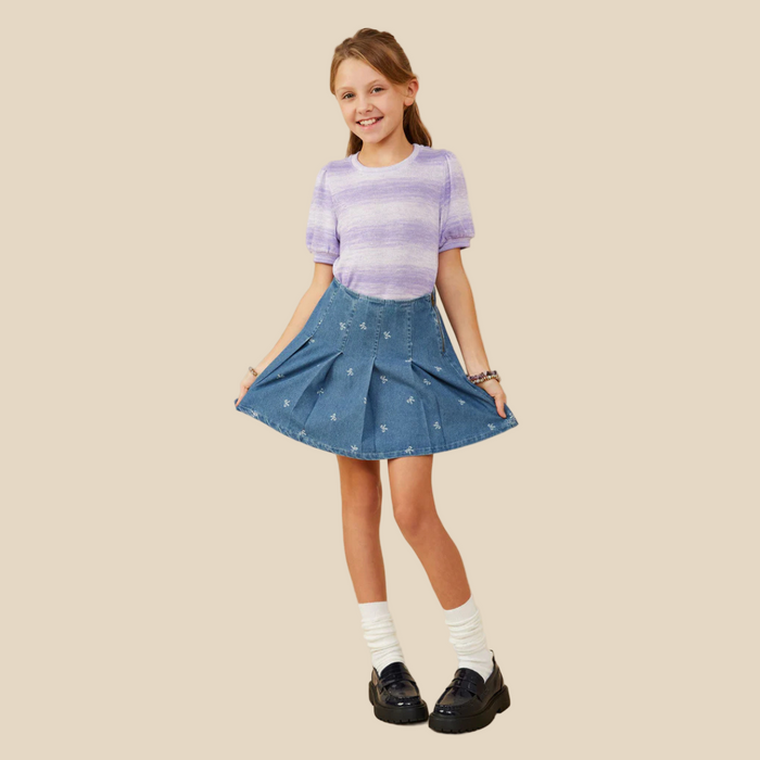 Bow Printed Pleated Denim Skirt