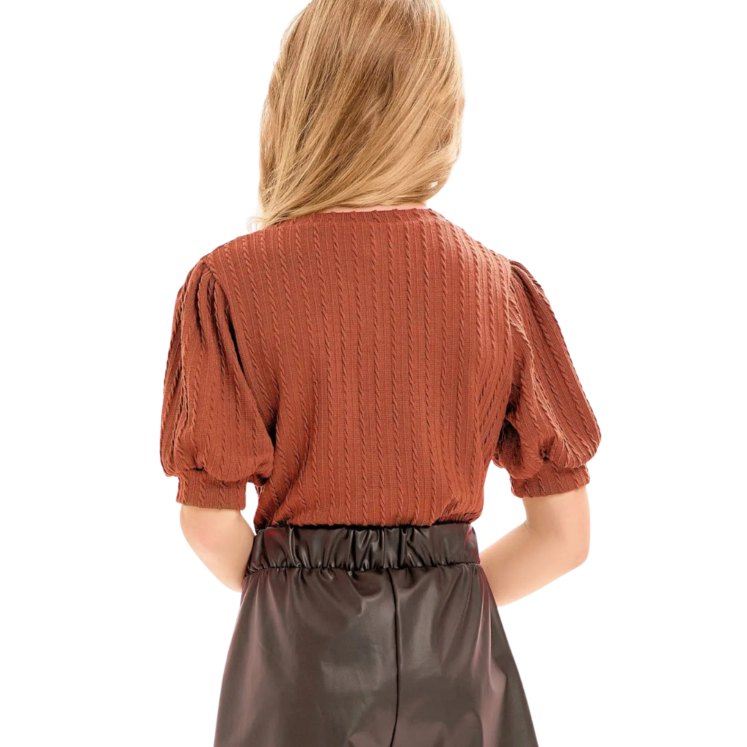 Embossed Knit Short Puff Sleeves Top