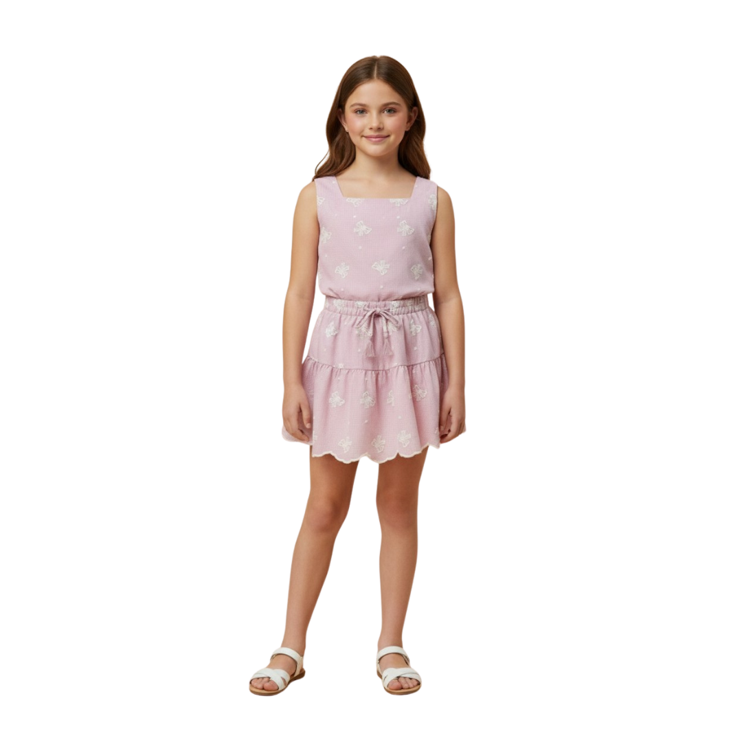 Bow Embroidered Scallop Lace Hem Skirt