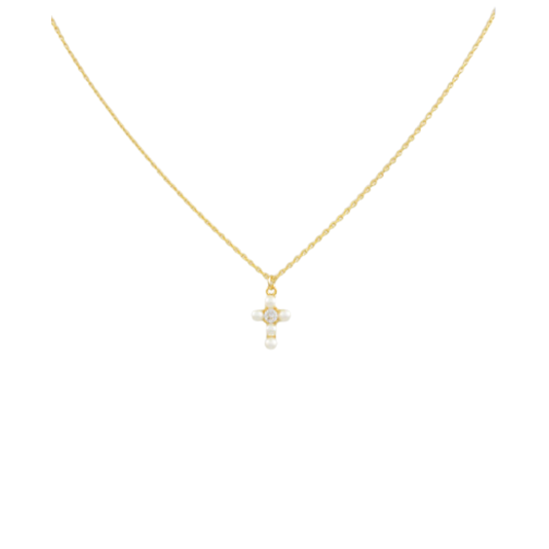 CZ & Pearl Cross Pendant Necklace - Cream/Gold