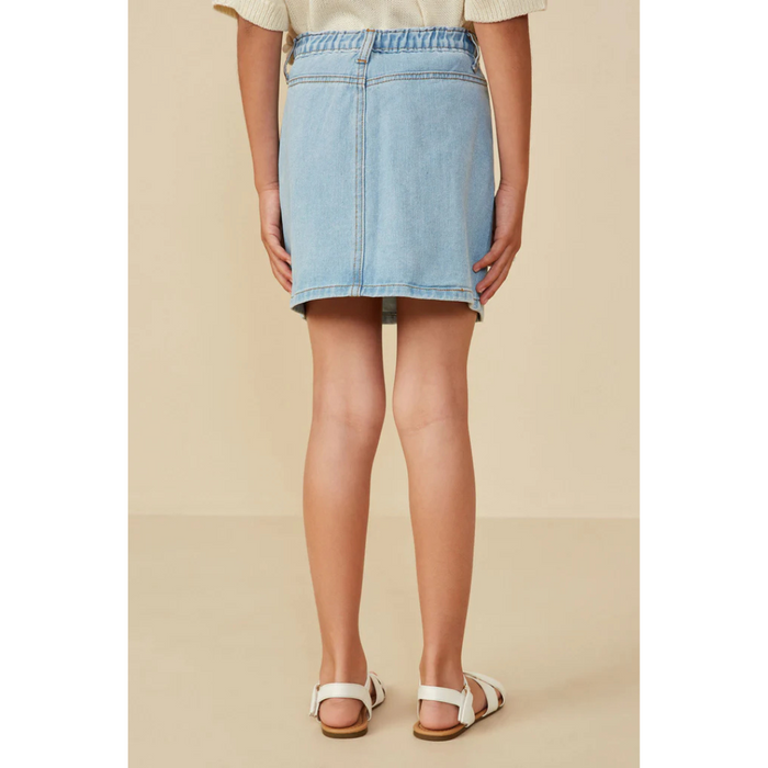 Box Pleated Washed Denim Skirt