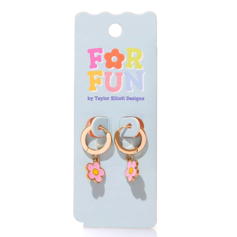 Huggie Earrings - Gold Hoops & Pink Flowers