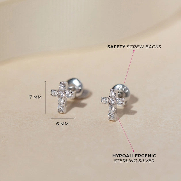 The Perfect Cross 7mm Earrings Screw Back - Sterling Silver | CLEAR