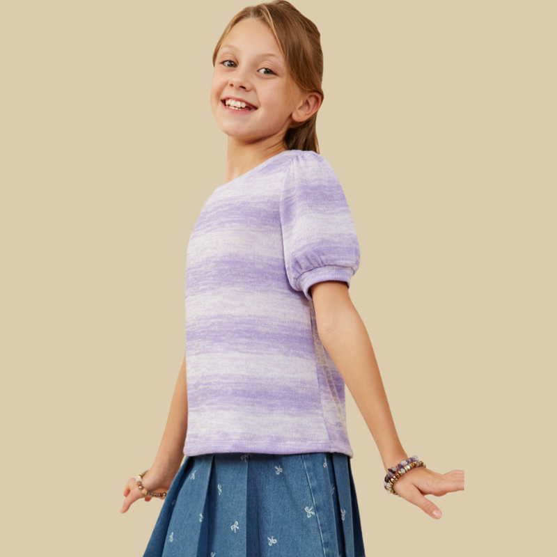 Girls Puff Sleeve Ombre Stripe Fine Knit Top