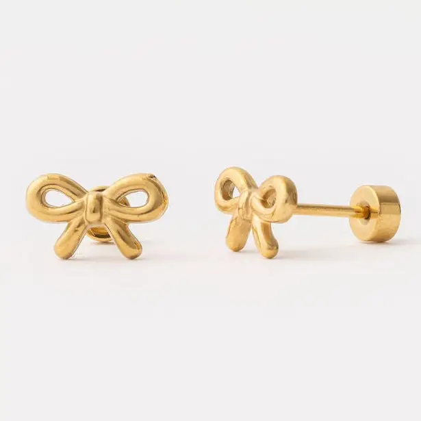 Bow Long Post Gold Stud Earrings