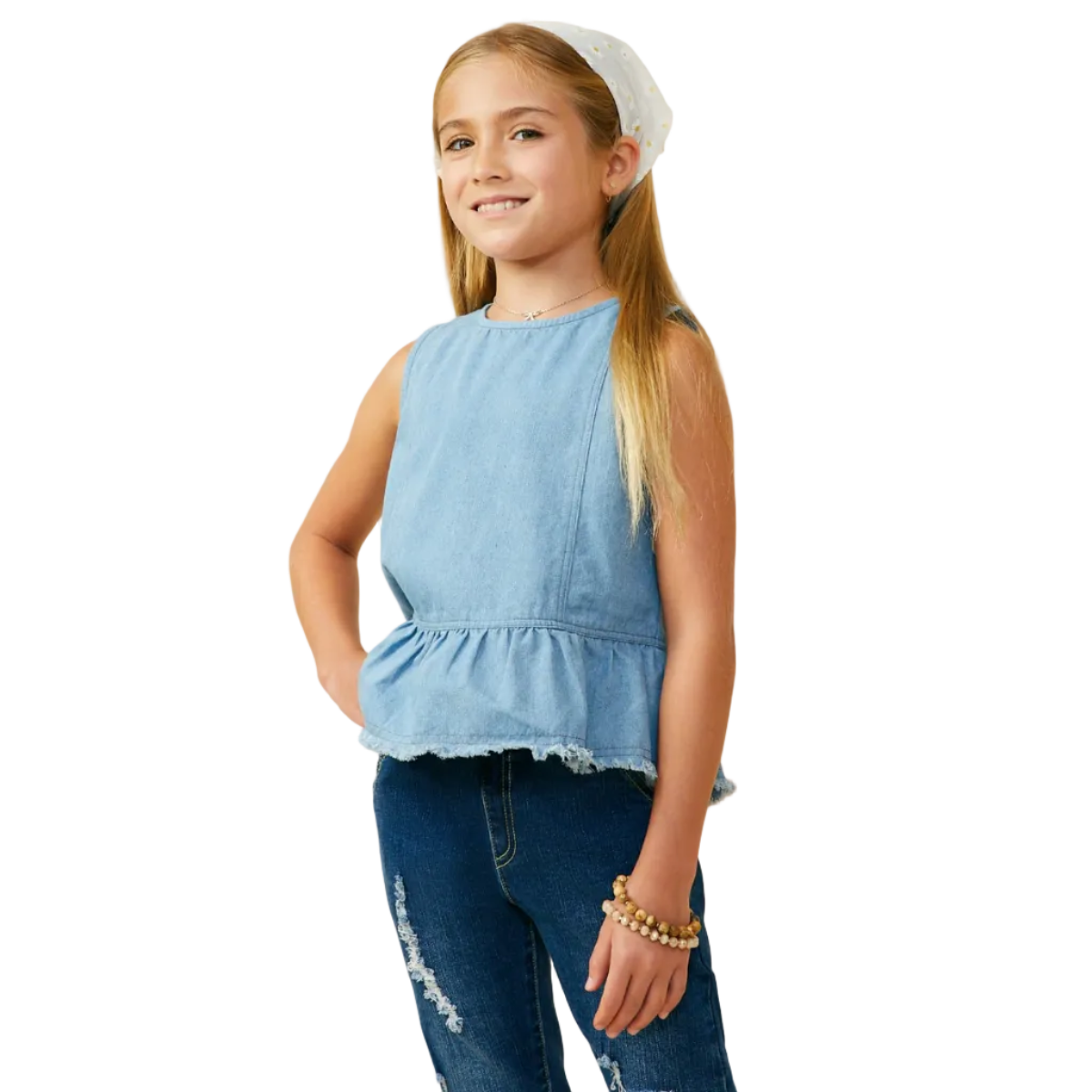 Buttoned Back Denim Peplum Tank