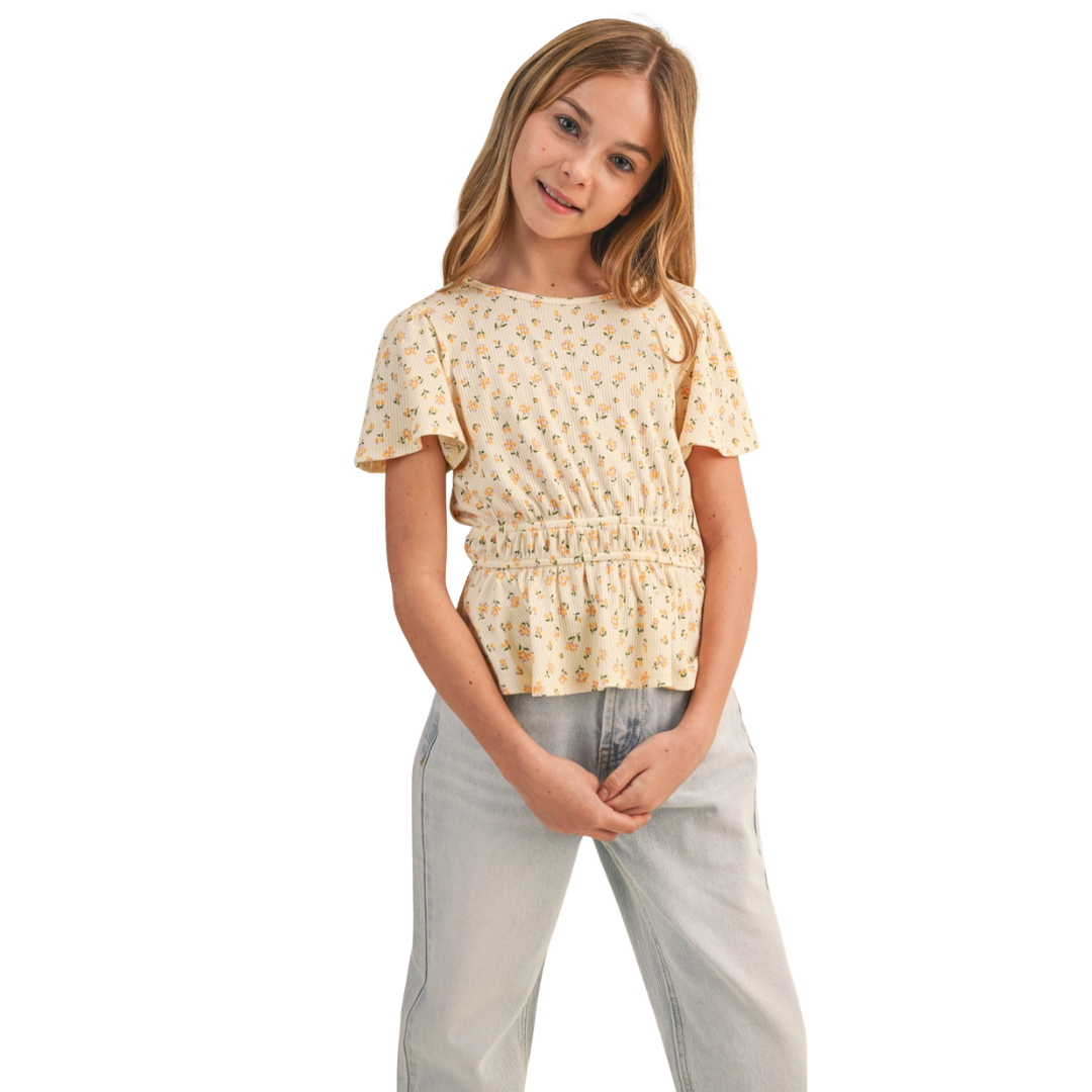 Round Neck Flutter Sleeve Peplum Top