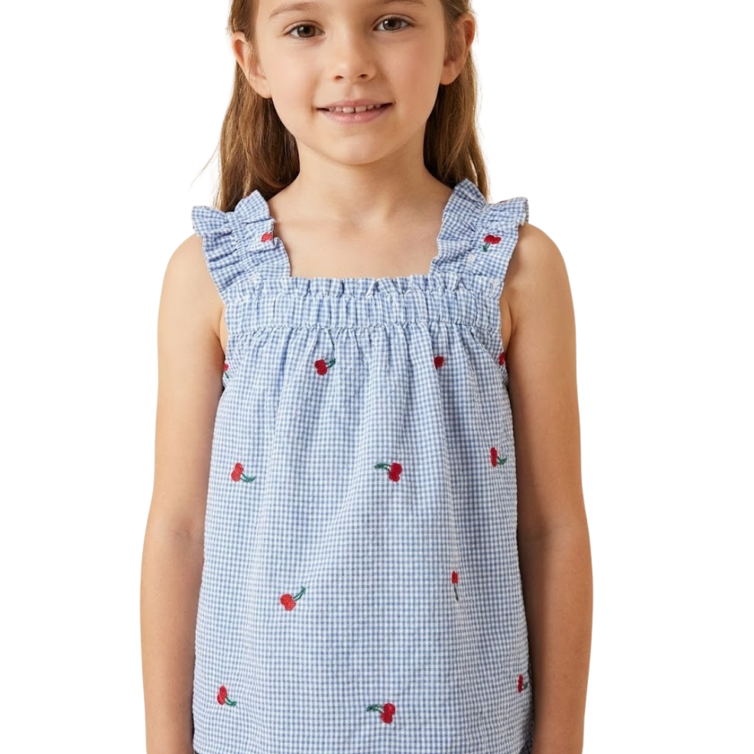 Cherry Embroidered Ruffle Strap Tank