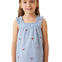 Cherry Embroidered Ruffle Strap Tank