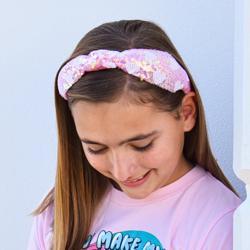 Kids Knot Headband - Pink Sequin Heart V's Day