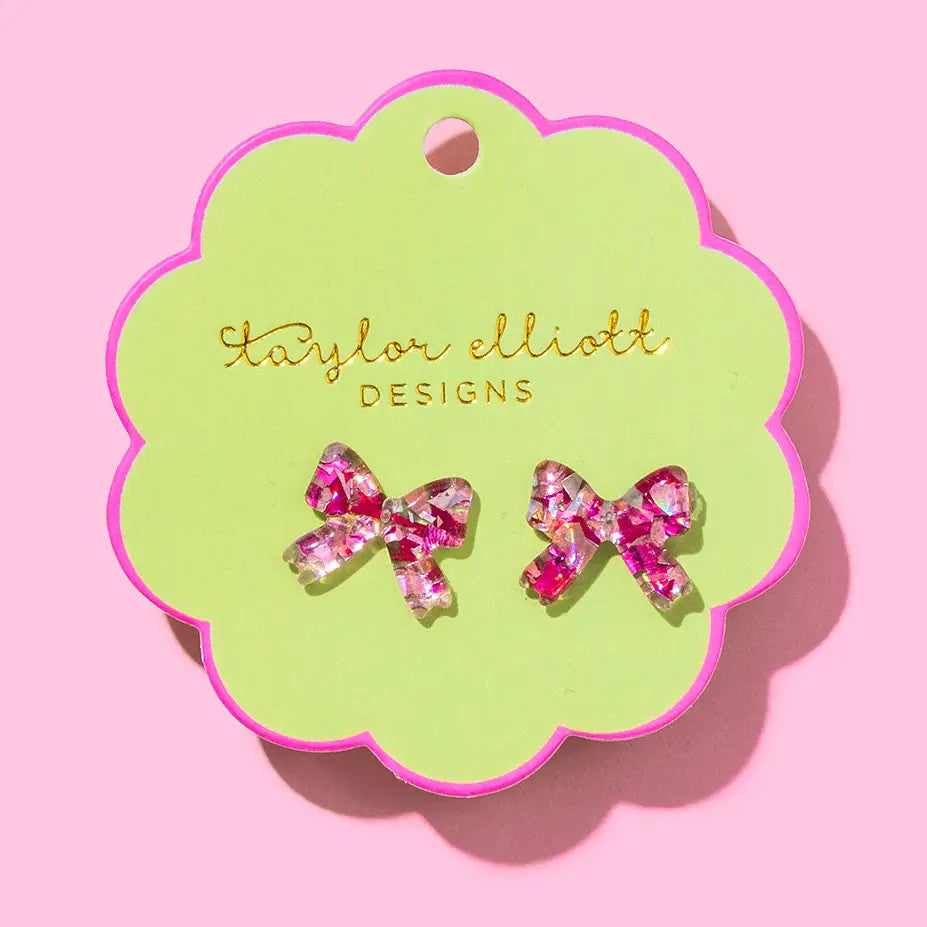 Stud Earrings  Acrylic Ribbon Bows - Pink Confetti