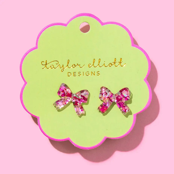 Stud Earrings  Acrylic Ribbon Bows - Pink Confetti