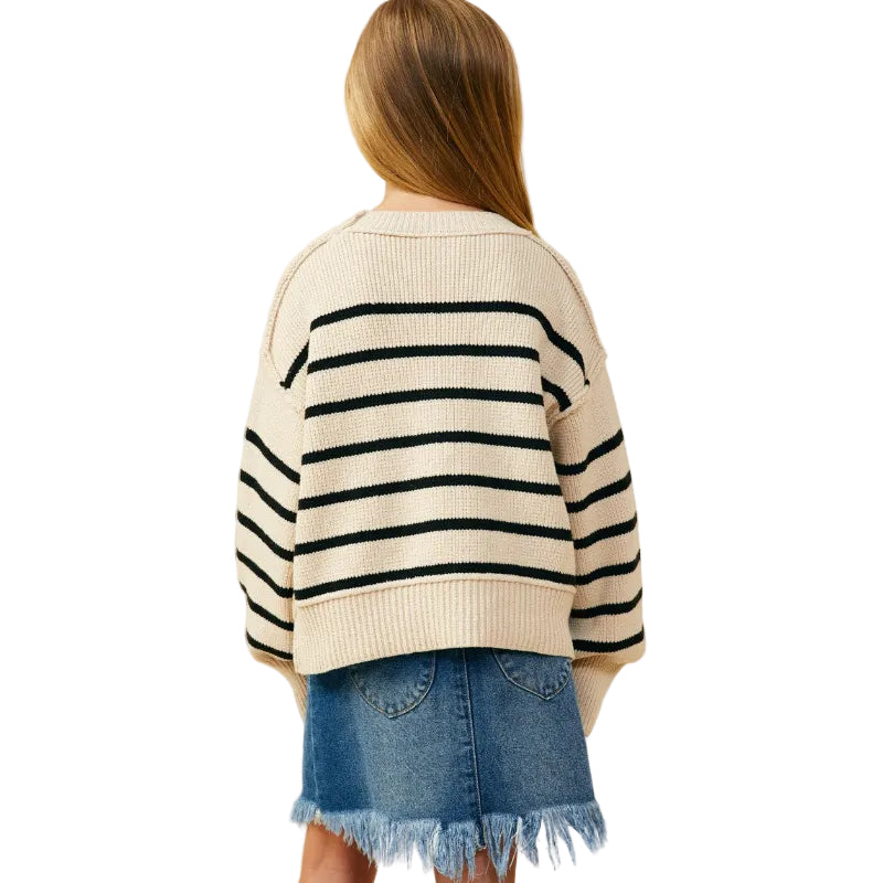 Drop Shoulder Puff Sleeve Striped Sweater Top