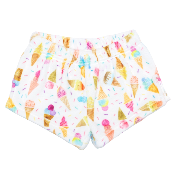 Shorts with ice cream cone and sprinkles pattern on a white background