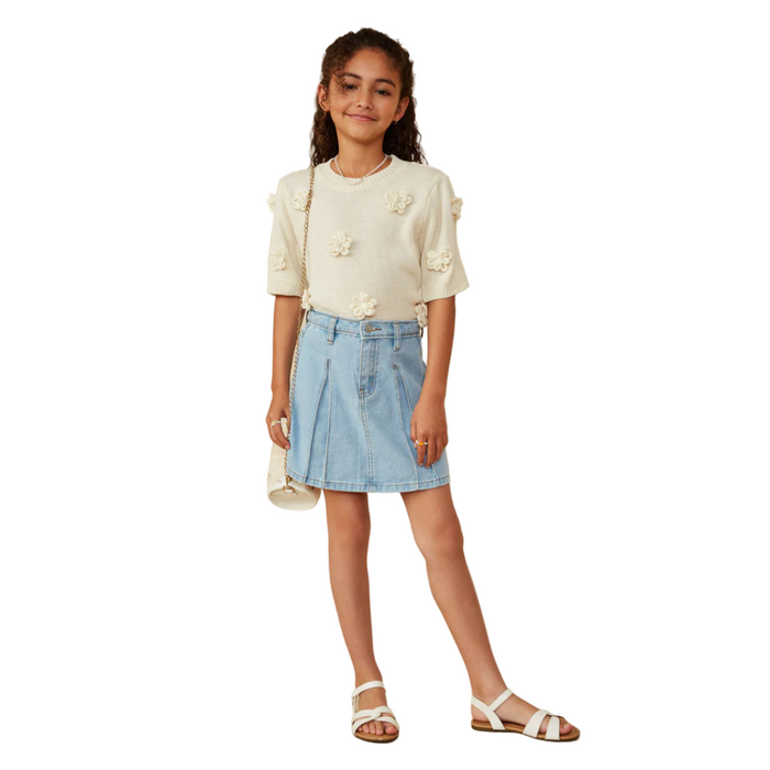Box Pleated Washed Denim Skirt