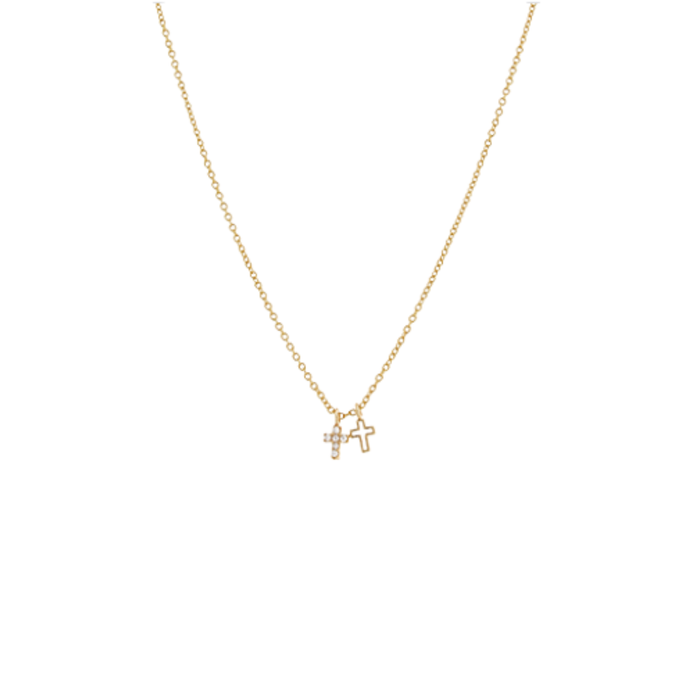 Tiny 2 Pave & Outline Cross Charm Necklace