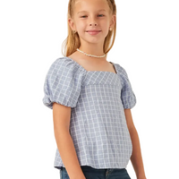 Textured Plaid Square Neck Puff Sleeve Top