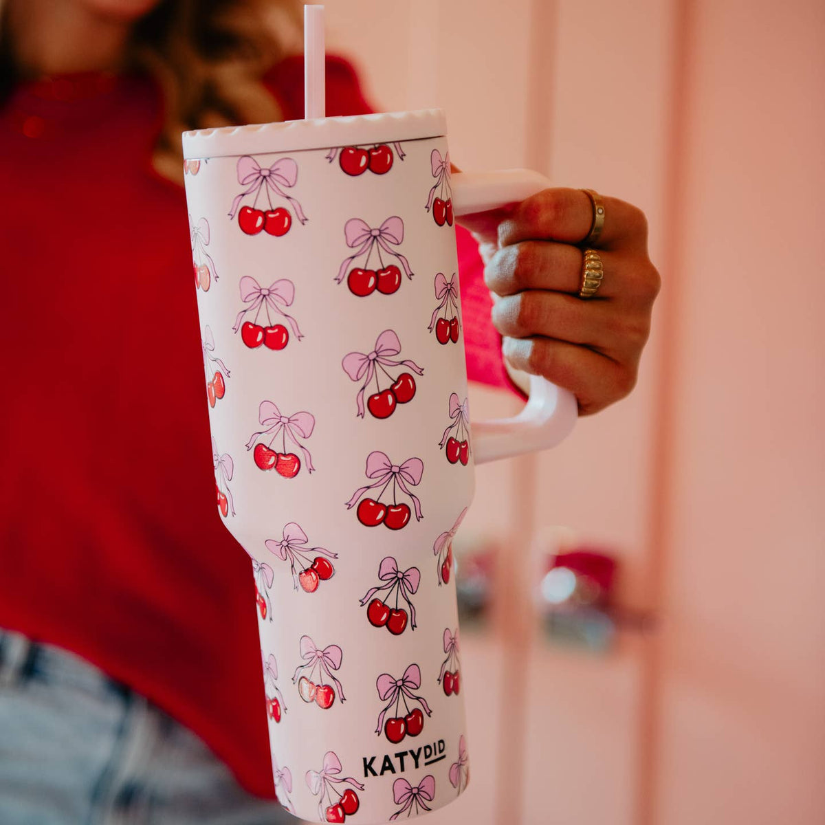 Cherry Bow Wholesale 38 Oz Tumbler Cup | Light Pink