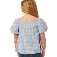 Textured Plaid Square Neck Puff Sleeve Top