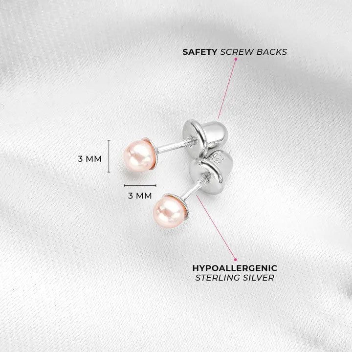 Pink Pearls 3-5mm Kids Earrings Screw Back - Sterling Silver