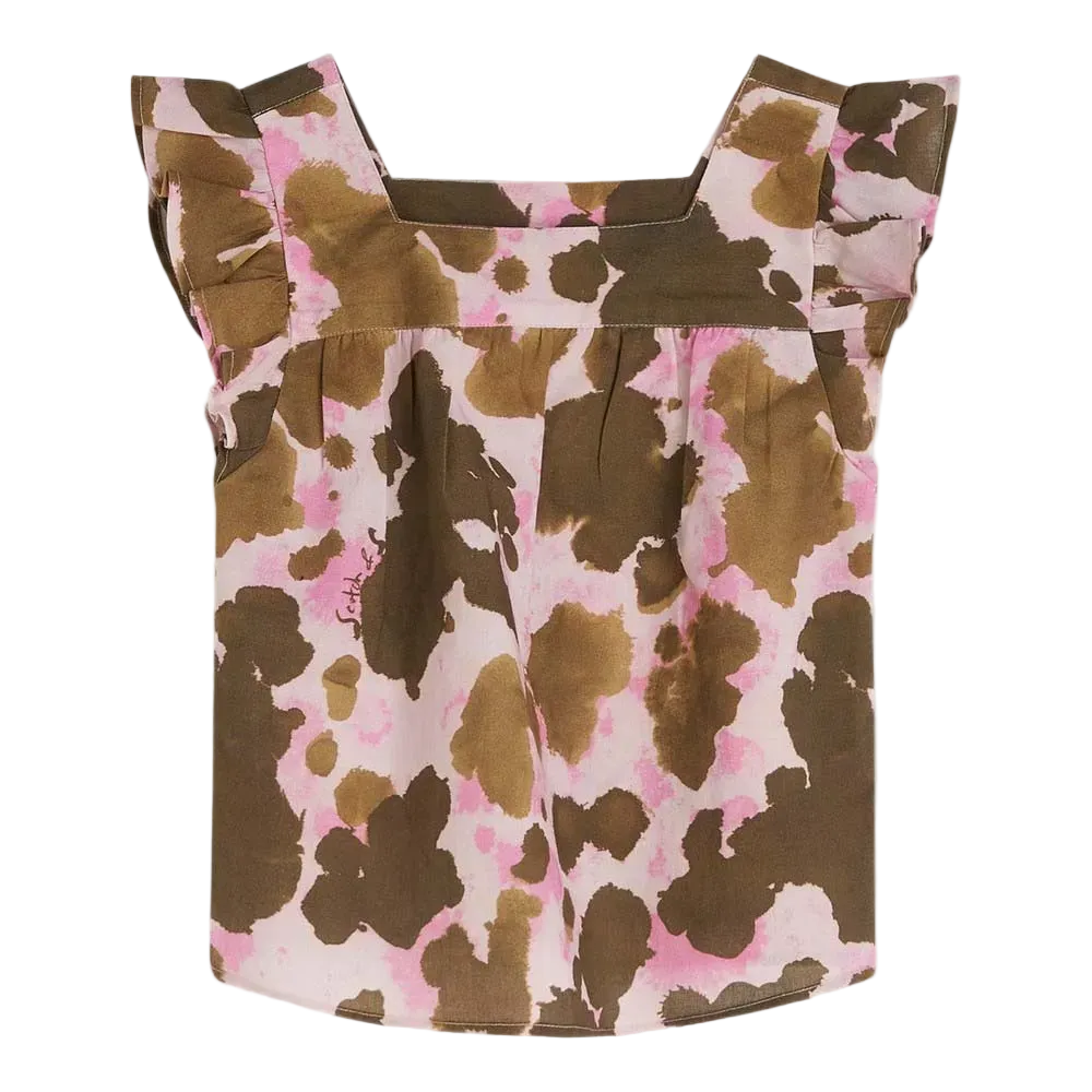 Printed Ruffle Sleeve Linen Top