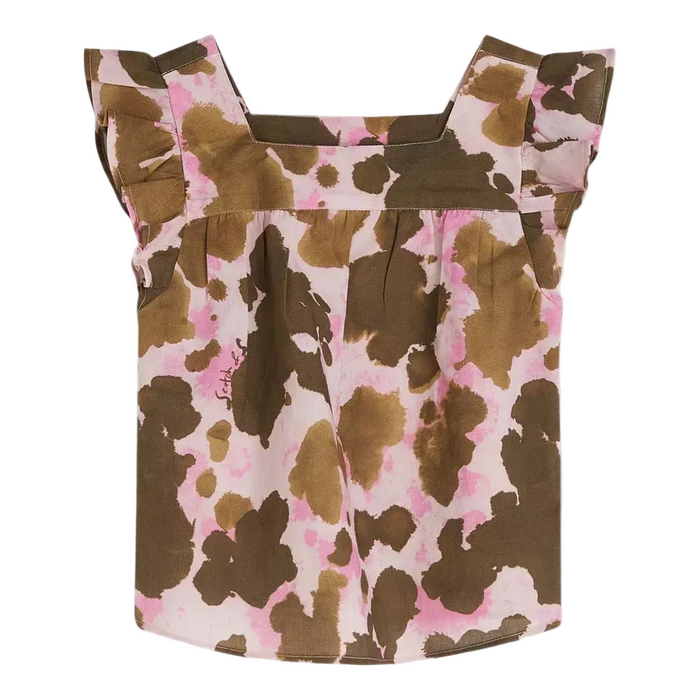 Printed Ruffle Sleeve Linen Top