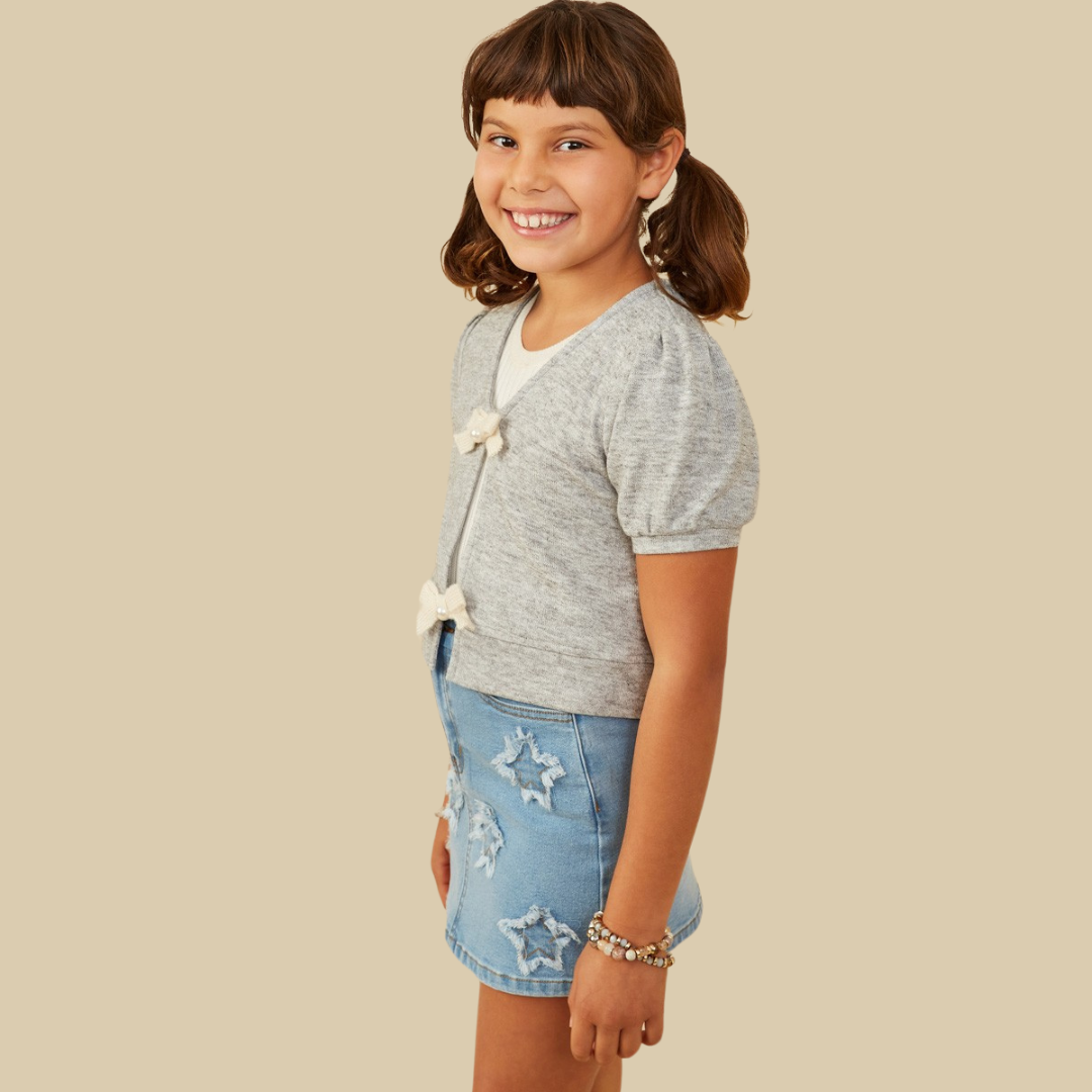 Girls Ribbon Detailed Short Sleeve Knit Open Top