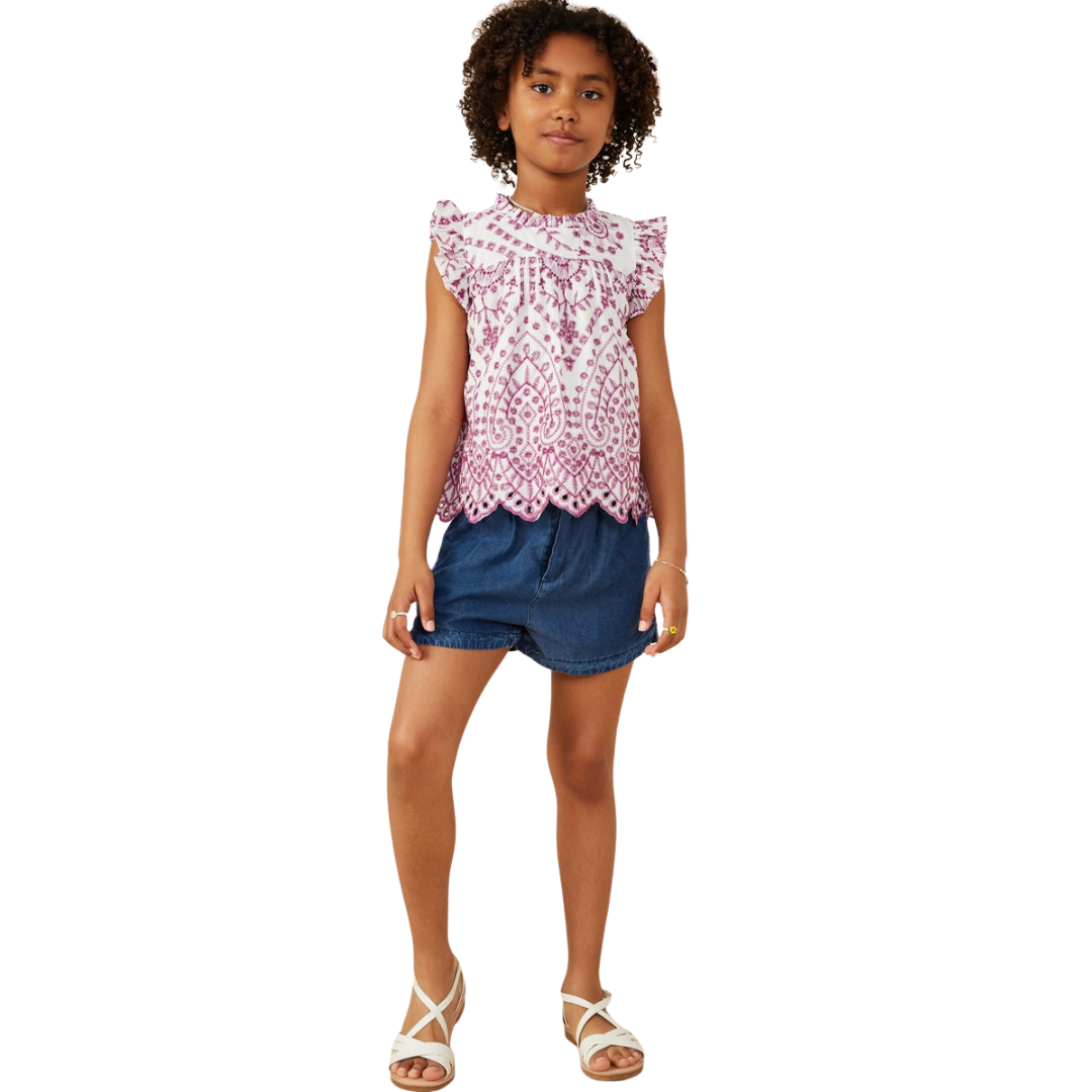 Eyelet Ruffle Detail Scallop Hem Top