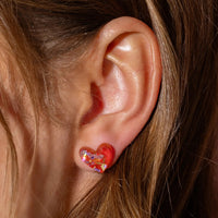 Stud Earrings Acrylic Hearts - Red & Pink Confetti