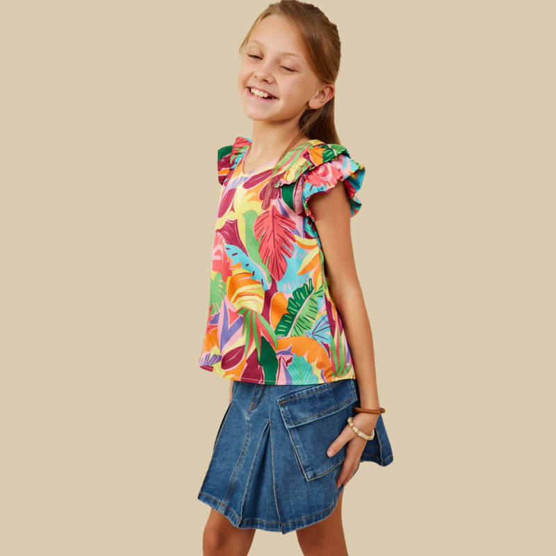 Girls Tropical Print Double Ruffled Top