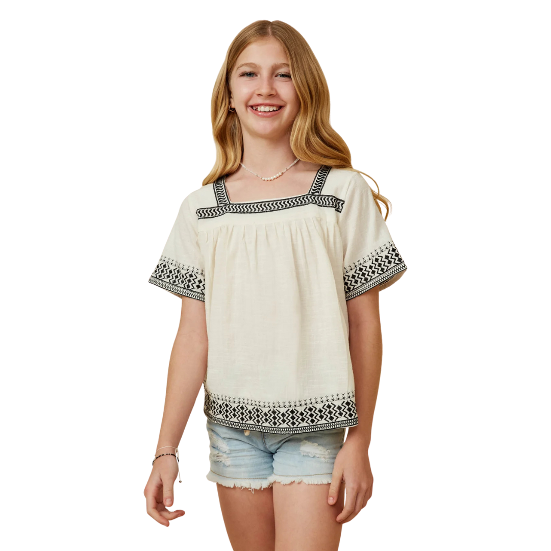 Textured Embroidered Square Neck Top