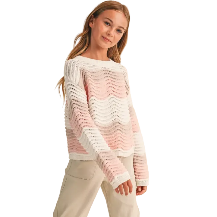 Crew Neck Wavy Rib Knit Pull Over