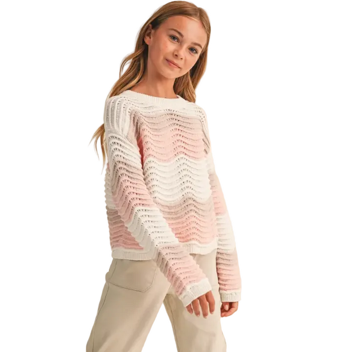 Crew Neck Wavy Rib Knit Pull Over