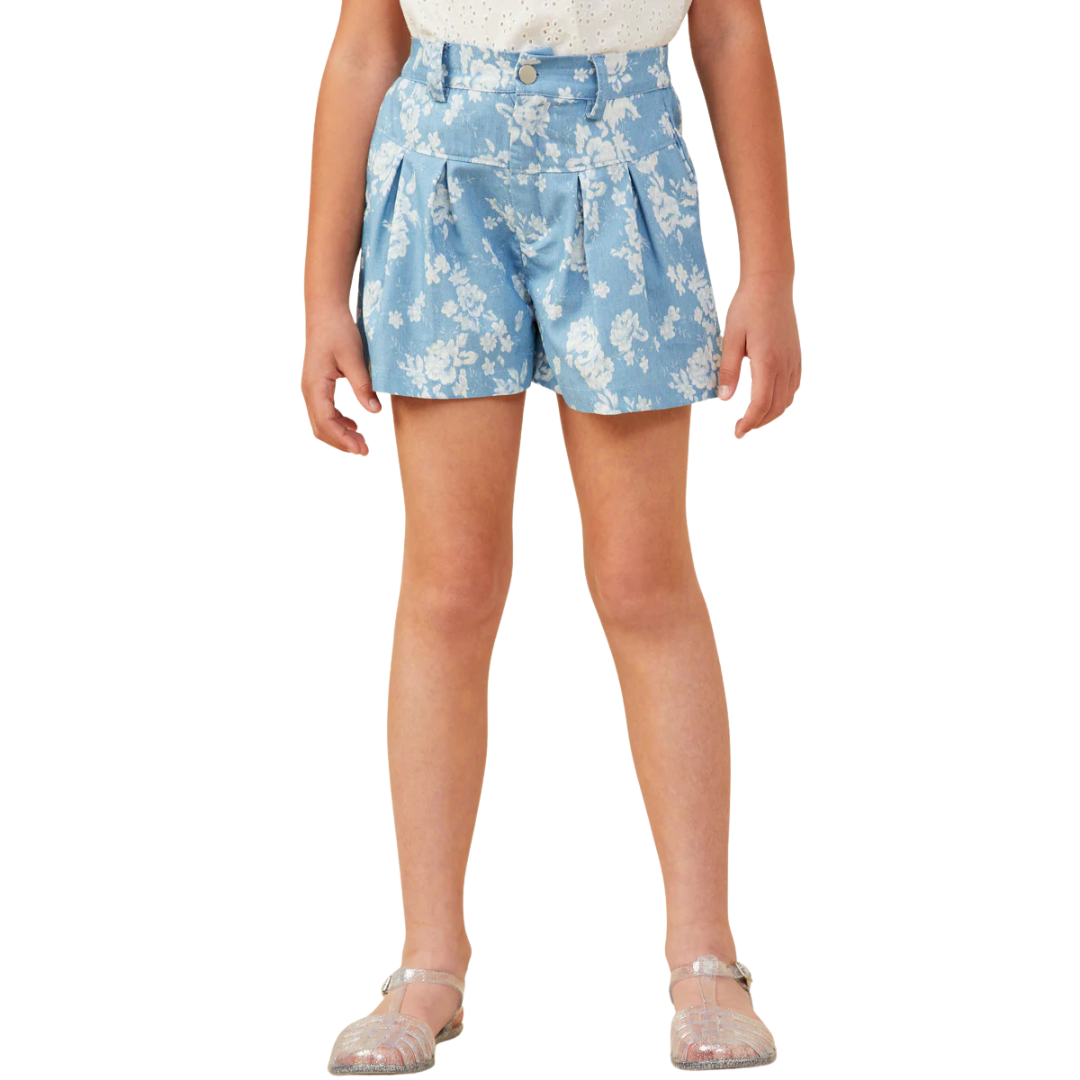 Romantic Floral Pleated Chambray Shorts