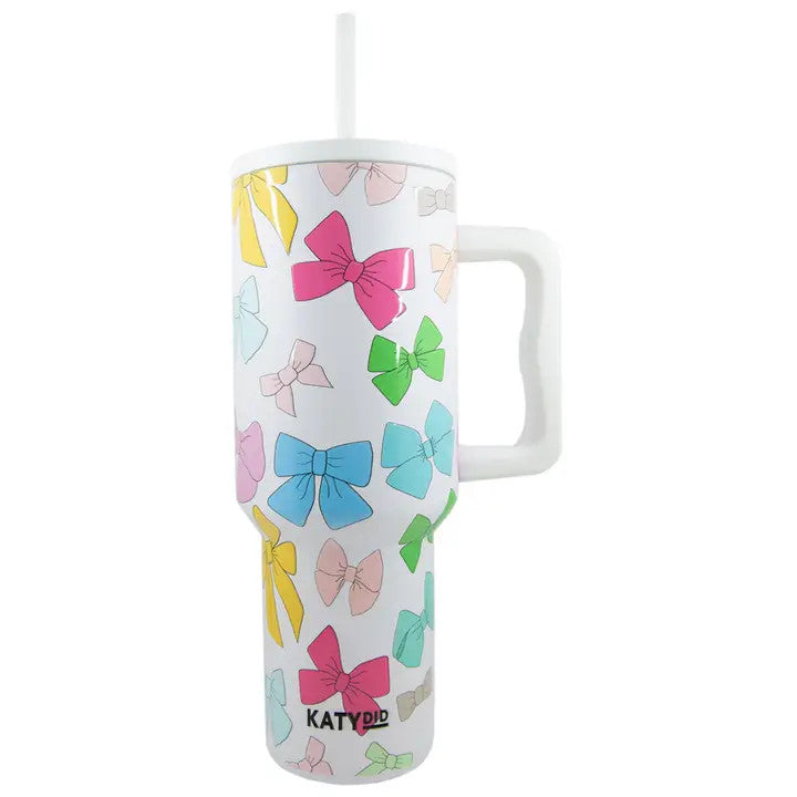 Multicolored Coquette Bows 38 Oz Tumbler w/ Handle | White