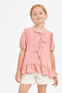 Ribbon Tie Front Ruffle Blouse