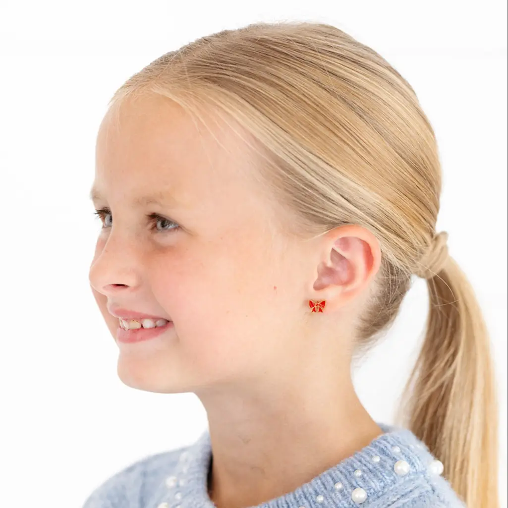 Red Bow Stud Earrings - Gold
