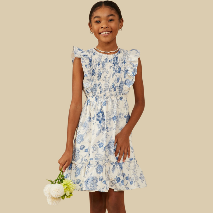 Girls Antique Floral Smock And Ruffle Dress