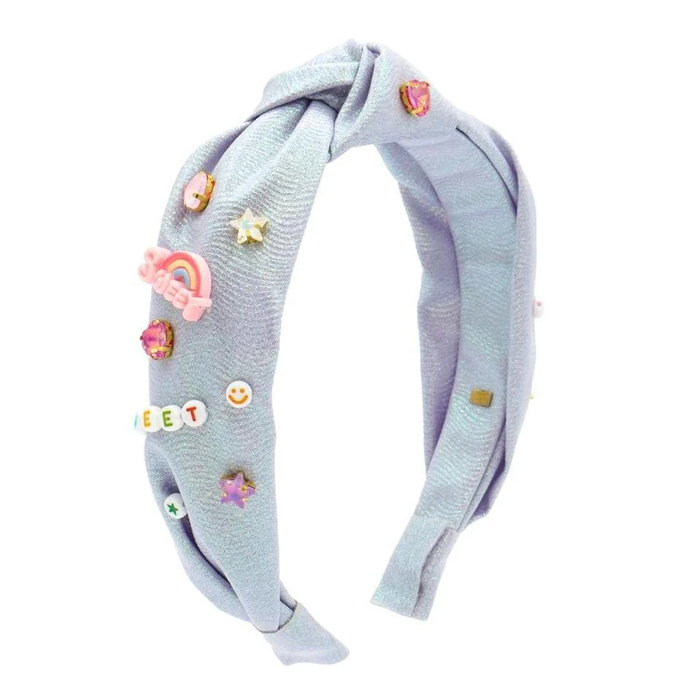 Glitter Galaxy Knot Headband w/Jewel & Charm Words