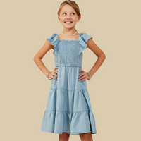 Girls Smocked Detail Ruffled Sleeveless Tencel Dress