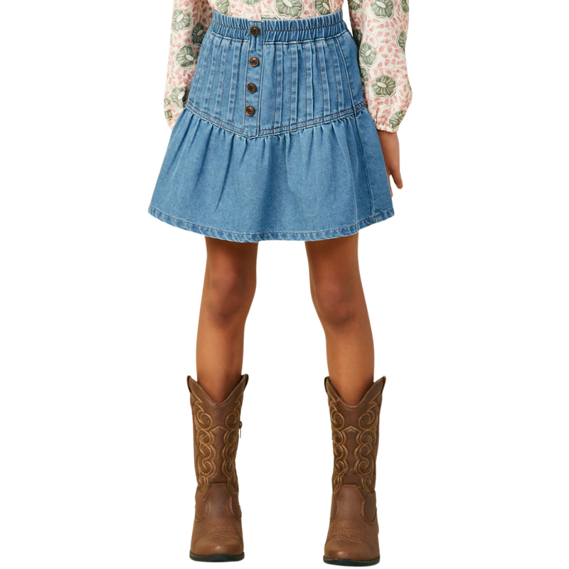 Pleated Button Detail Denim Skirt