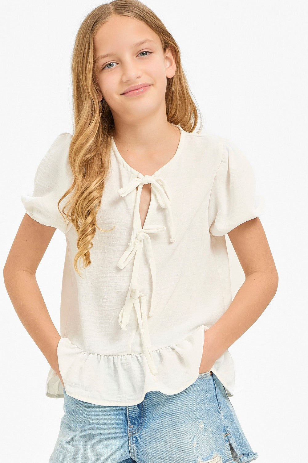 Ribbon Tie Front Ruffle Blouse